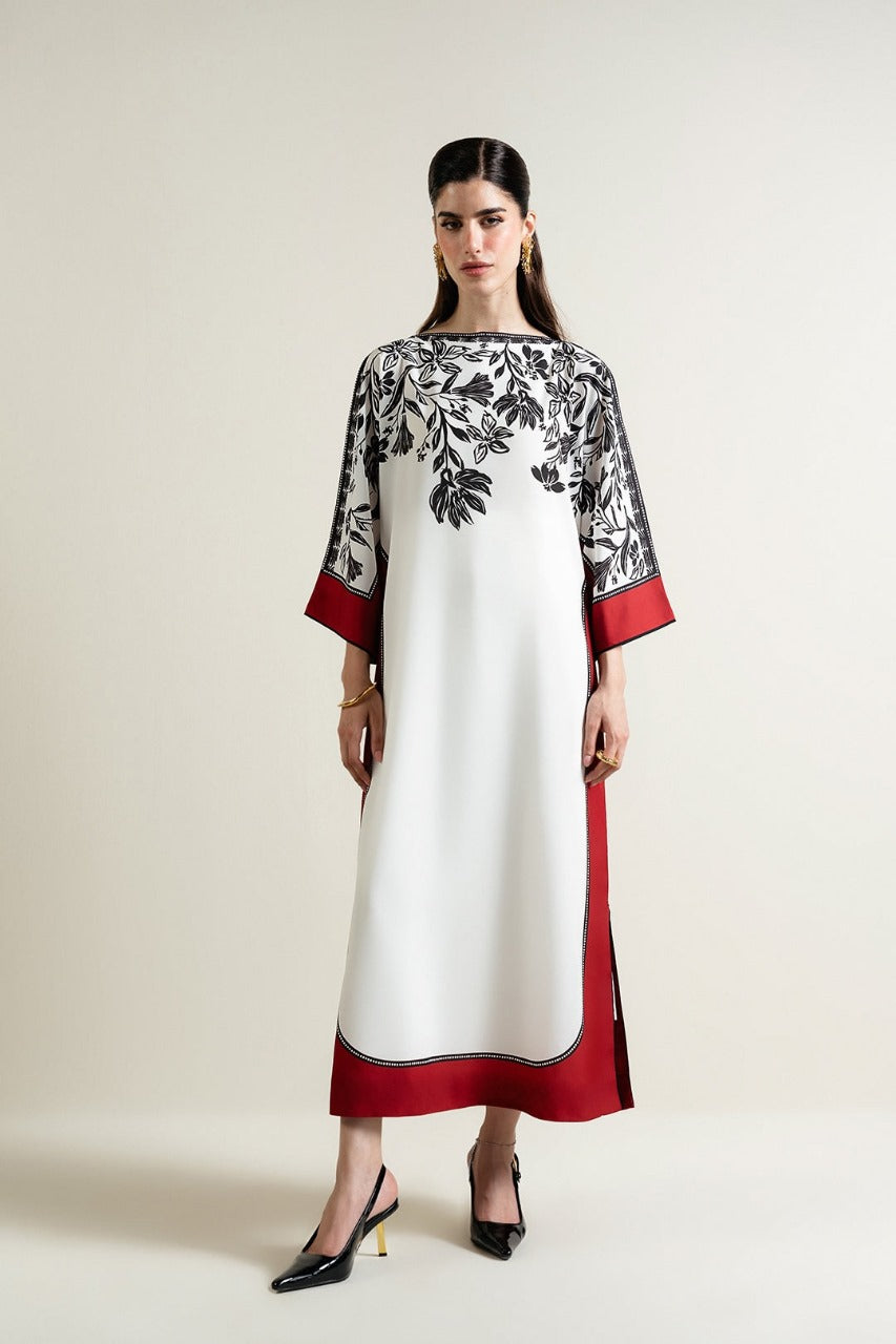White Floral Print 2PC Suit with Red Contrast ( KAFTAAN STYLE ) – houseofbeenora