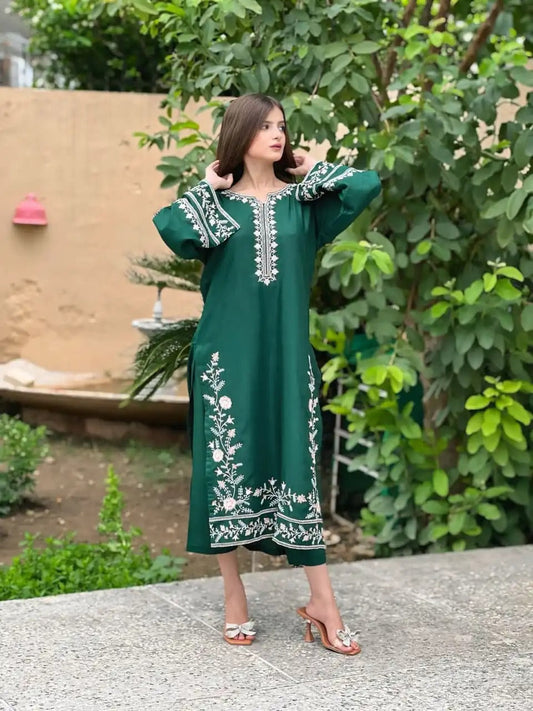 Woman wearing a green embroidered dress  House Of Beenora | Best women clothing brand in Pakistan