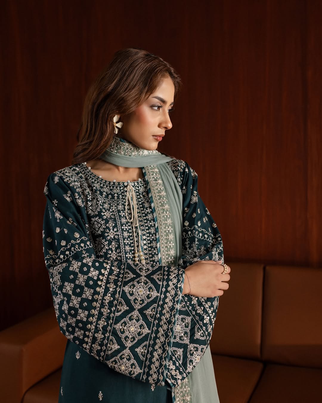 Woman wearing a patterned outfit with a scarf House of Beenora |  Best women clothing brand in Pakistan