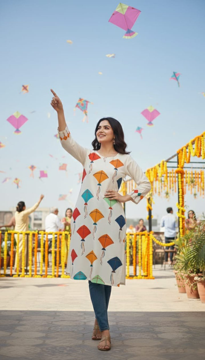 Woman in a colorful dress with geometric pattern standing outdoors with kites flying around her.