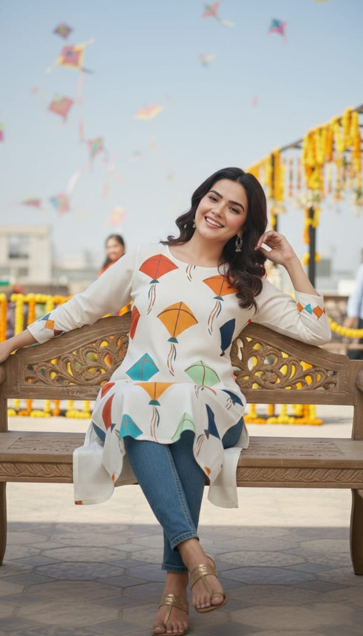 Woman sitting on a bench wearing a colorful top with geometric patterns.