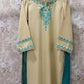 Beige dress with green embroidery on a textured wall background