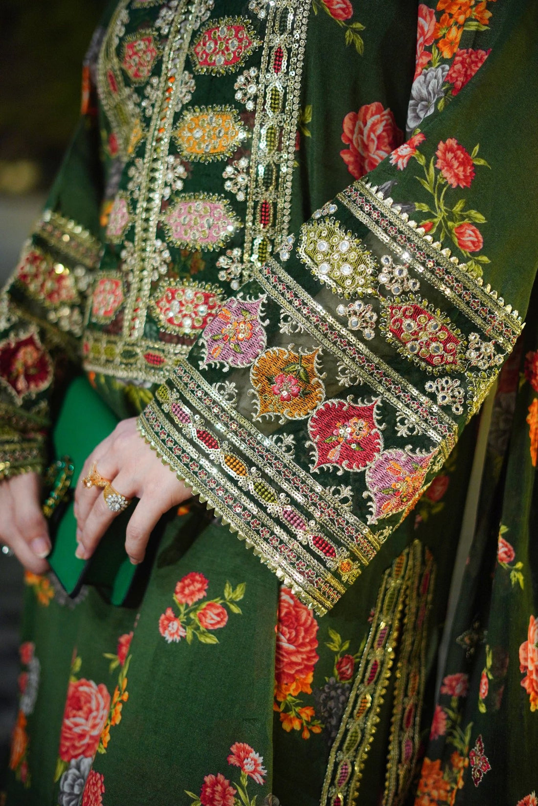 Close-up of a green embroidered garment with floral patterns House Of Beenora | Best women clothing brand in Pakistan